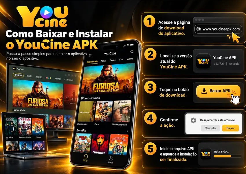 A imagem mostra como realizar a instalação correta do YouCine App.