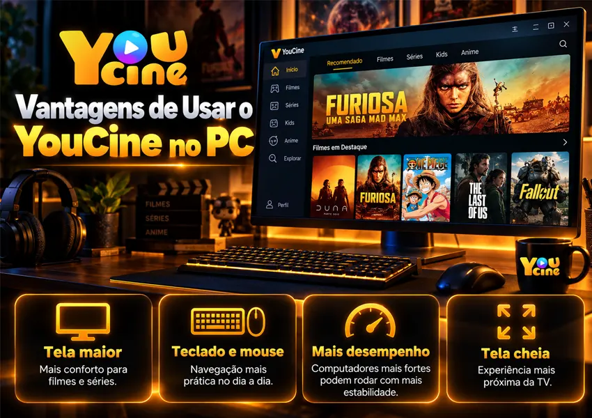 A imagem mostra as vantagens de utilizar o YouCine no PC.